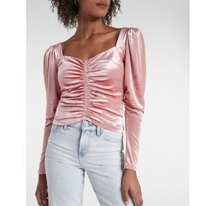 NWT Express Women Shiny Dusty Pink Velvet Long Sleeve Blouse Top Ruched Front L